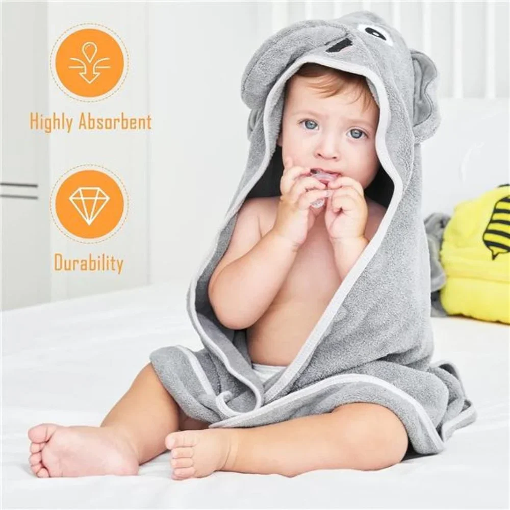 NEW 2 Baby Bath Hooded Towels and 8 Washcloths - Yellow Bee and Grey Elephant